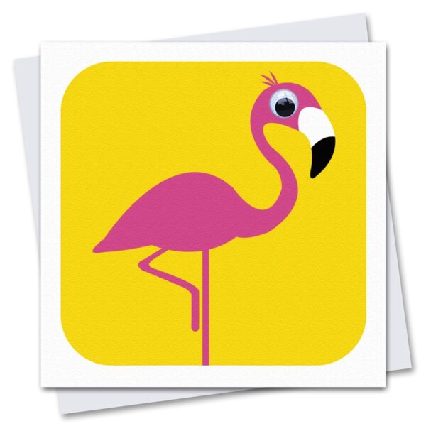 children's flamingo birthday card with googly eyes