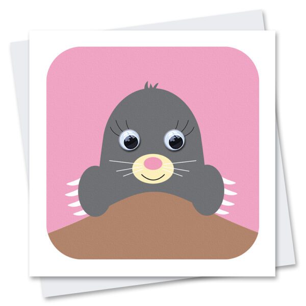 mole on pink background birthday card with googly eyes