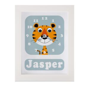 Personalised Children's Clock featuring a Tiger with googly eyes