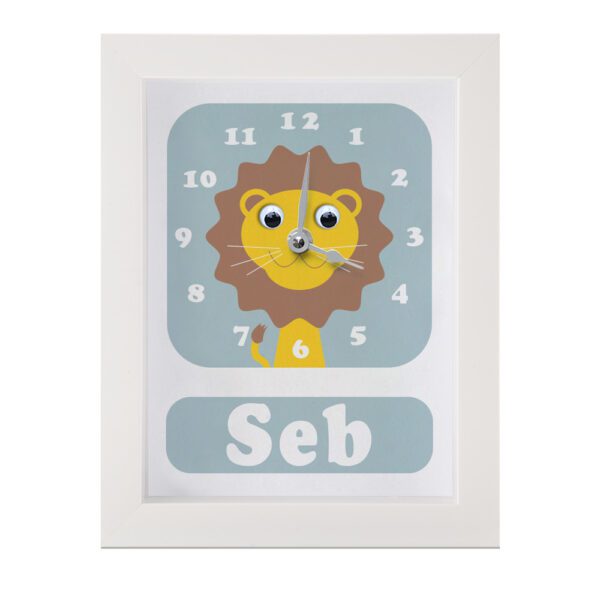 Personalised Children's Clock featuring a Lion with googly eyes.