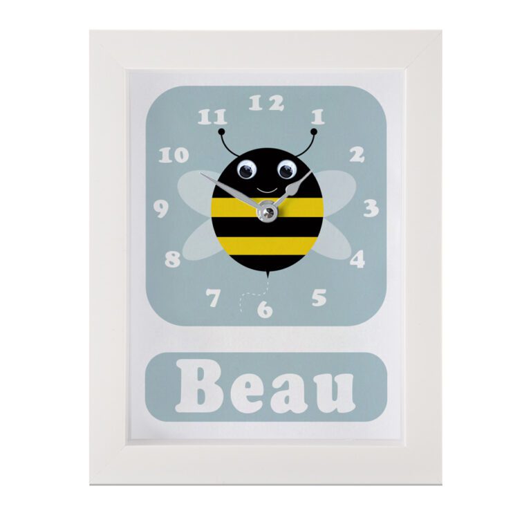 Personalised Children's Clock featuring a bee with googly eyes.