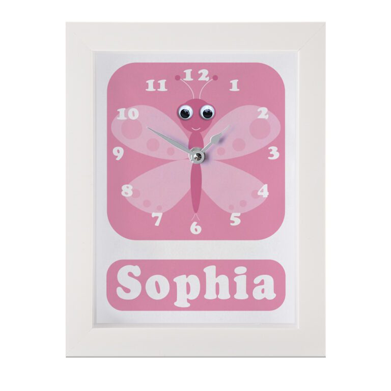 Personalised Children's Clock featuring a butterfly with googly eyes