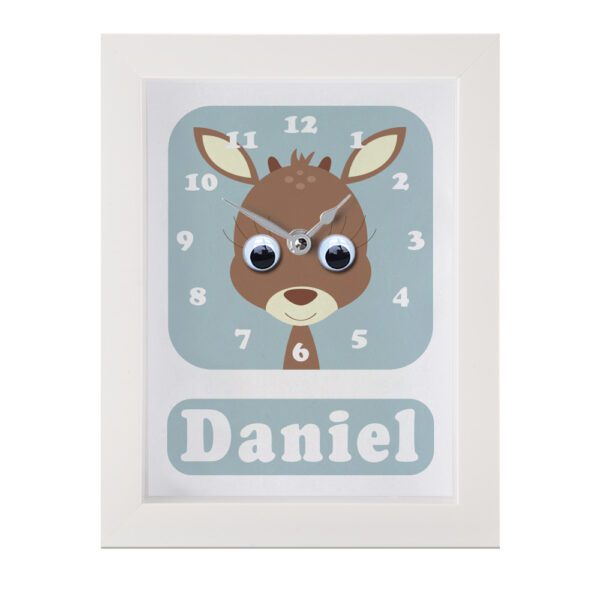 Personalised Children's Clock featuring a Deer with googly eyes