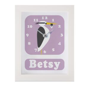 Personalised Children's Clock featuring a Heron with googly eyes