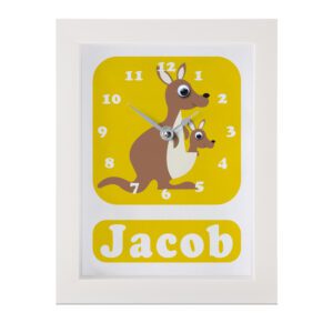 Personalised Children's Clock featuring a Kangaroo with googly eyes
