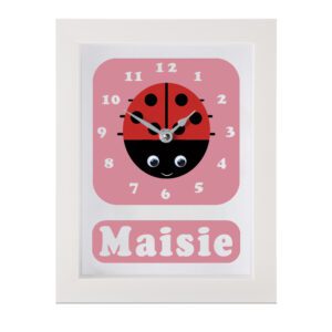 Personalised Children's Clock featuring a Ladybird with googly eyes