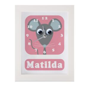 Personalised Children's Clock featuring a mouse with googly eyes
