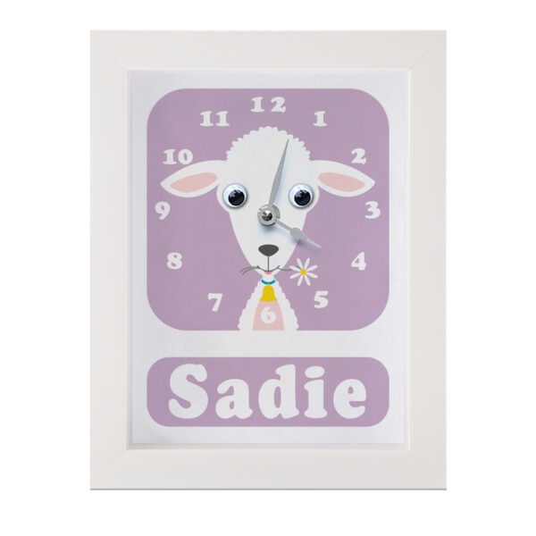 Personalised Children's Clock featuring a Lamb with googly eyes