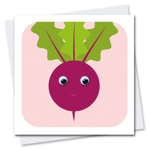 Children's Birthday Card featuring Betty Beetroot with googly eyes