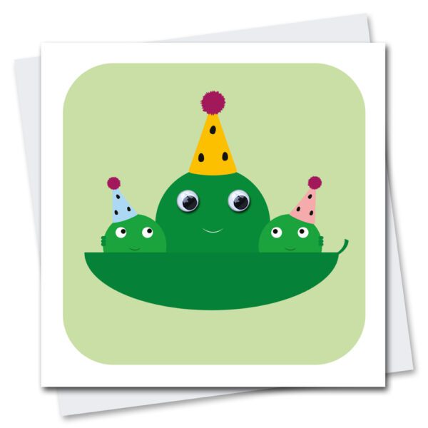 Children's Birthday Card featuring Party Peas with googly eyes