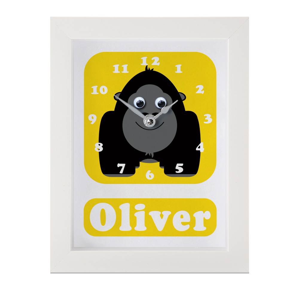 Personalised Children's Clock featuring a Gorilla with googly eyes