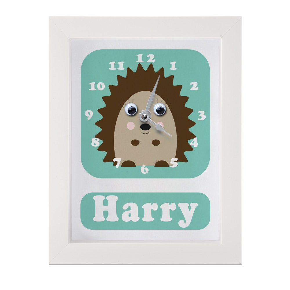 Personalised Children's Clock featuring a hedgehog with googly eyes