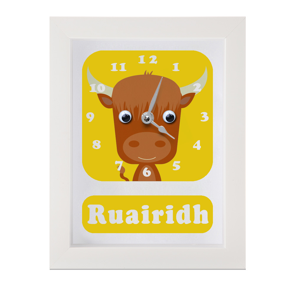 Personalised Children's Clock featuring a Highland cow with googly eyes