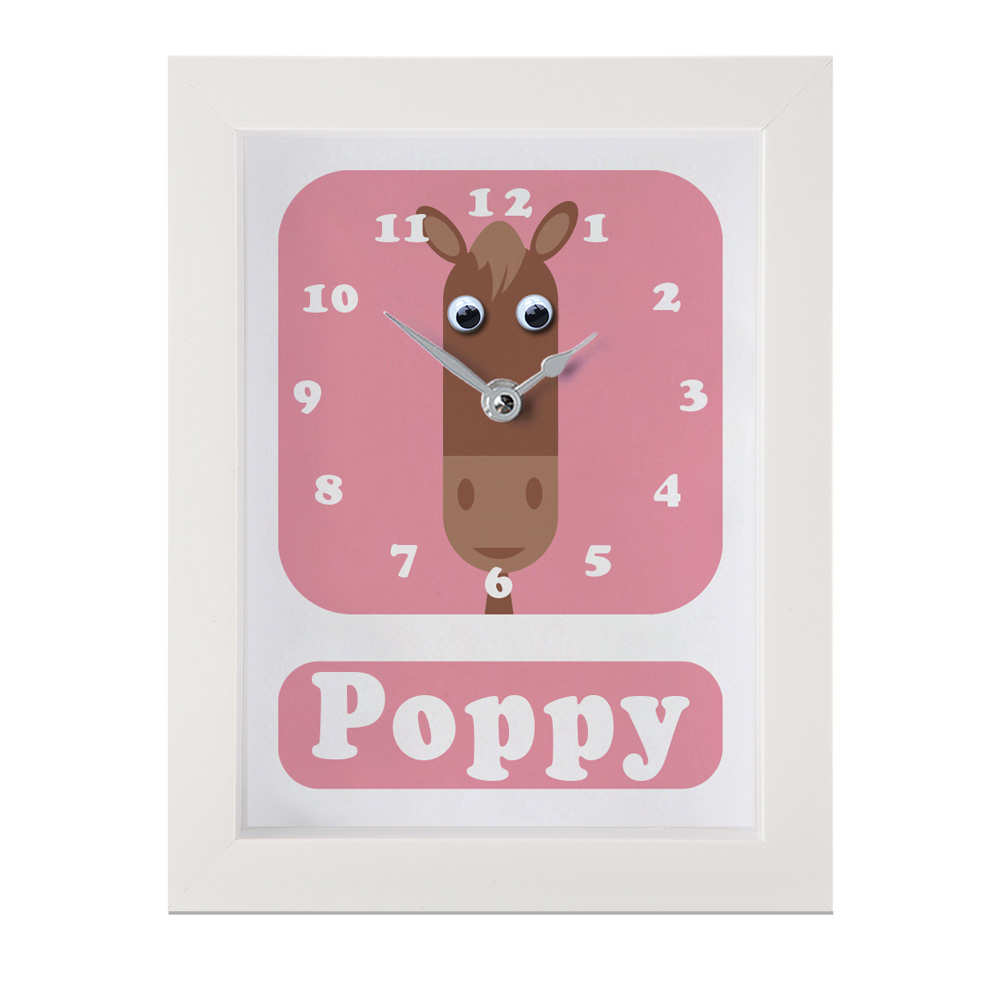 Personalised Children's Clock featuring a Horse with googly eyes