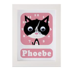 Personalised Children's Clock featuring a cat with googly eyes