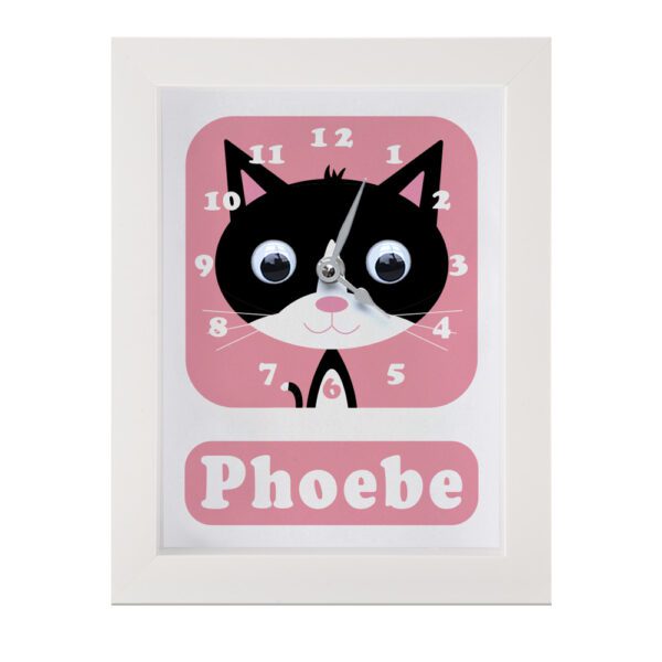 Personalised Children's Clock featuring a cat with googly eyes