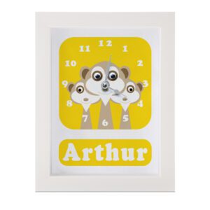 Personalised Children's Clock featuring Meerkats with googly eyes