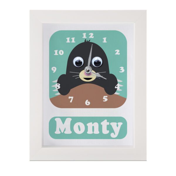 Personalised Children's Clock featuring a Mole with googly eyes