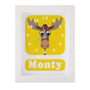 Personalised Children's Clock featuring a Moose with googly eyes