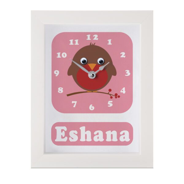 Personalised Children's Clock featuring a Robin with googly eyes