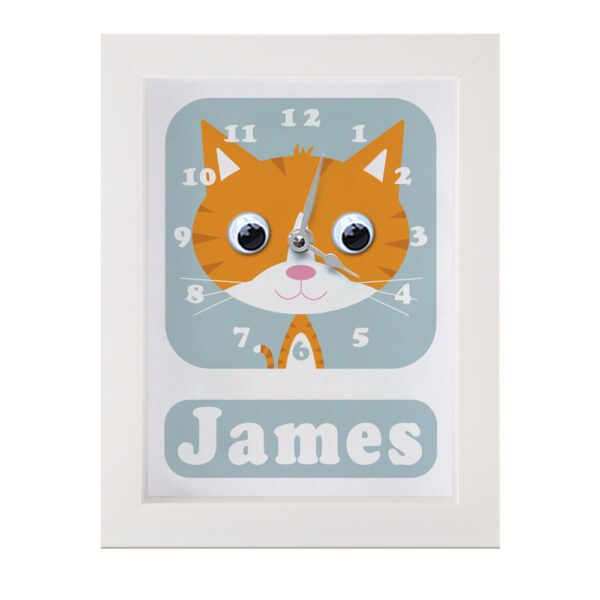 Personalised children's Clock featuring a Ginger Cat with googly eyes