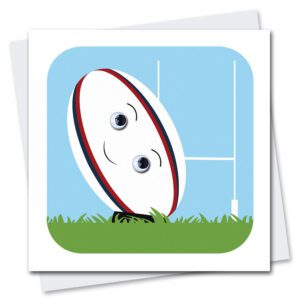 Children's birthday card featuring Rupert Rugby ball with googly eyes