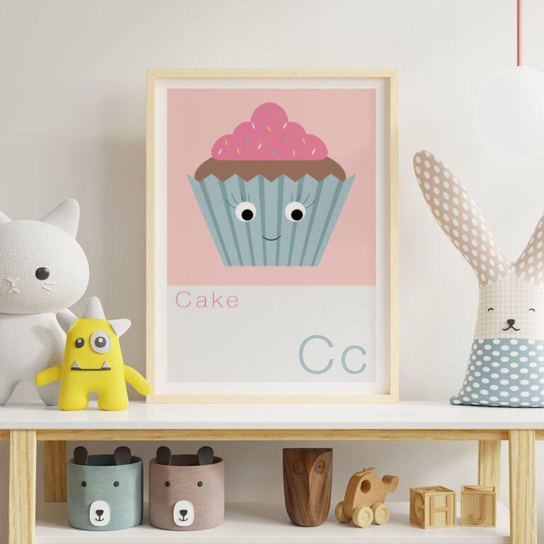 Children's alphabet print featuring a cupcake