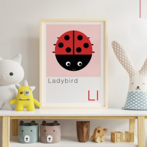Children's alphabet print featuring a ladybird