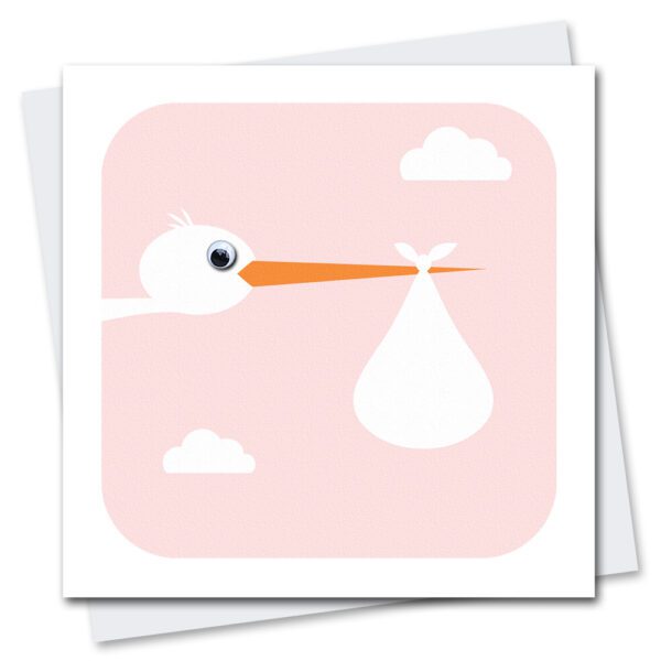 New baby card featuring a stork with googly eyes