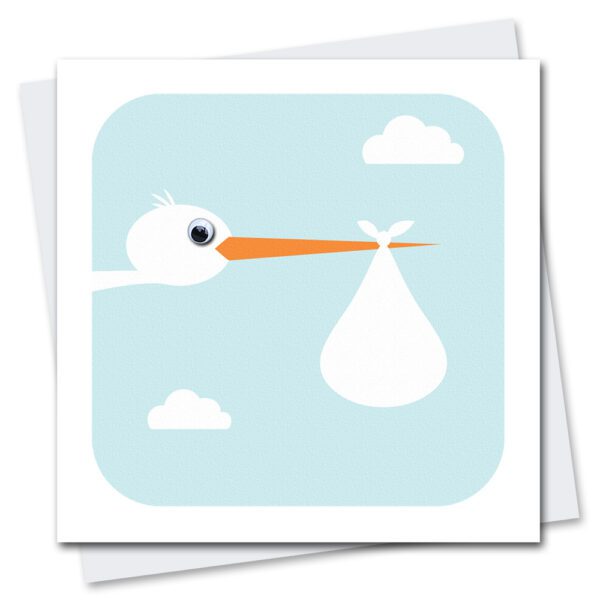 New baby card featuring a stork with googly eyes