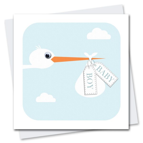 new baby boy card featuring a stork with googly eyes