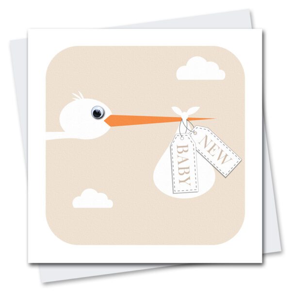 New baby card featuring a stork with googly eyes