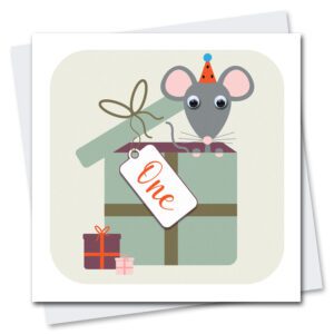 age one birthday card of a mouse with googly eyes in a birthday present with a tag with one wrote on it