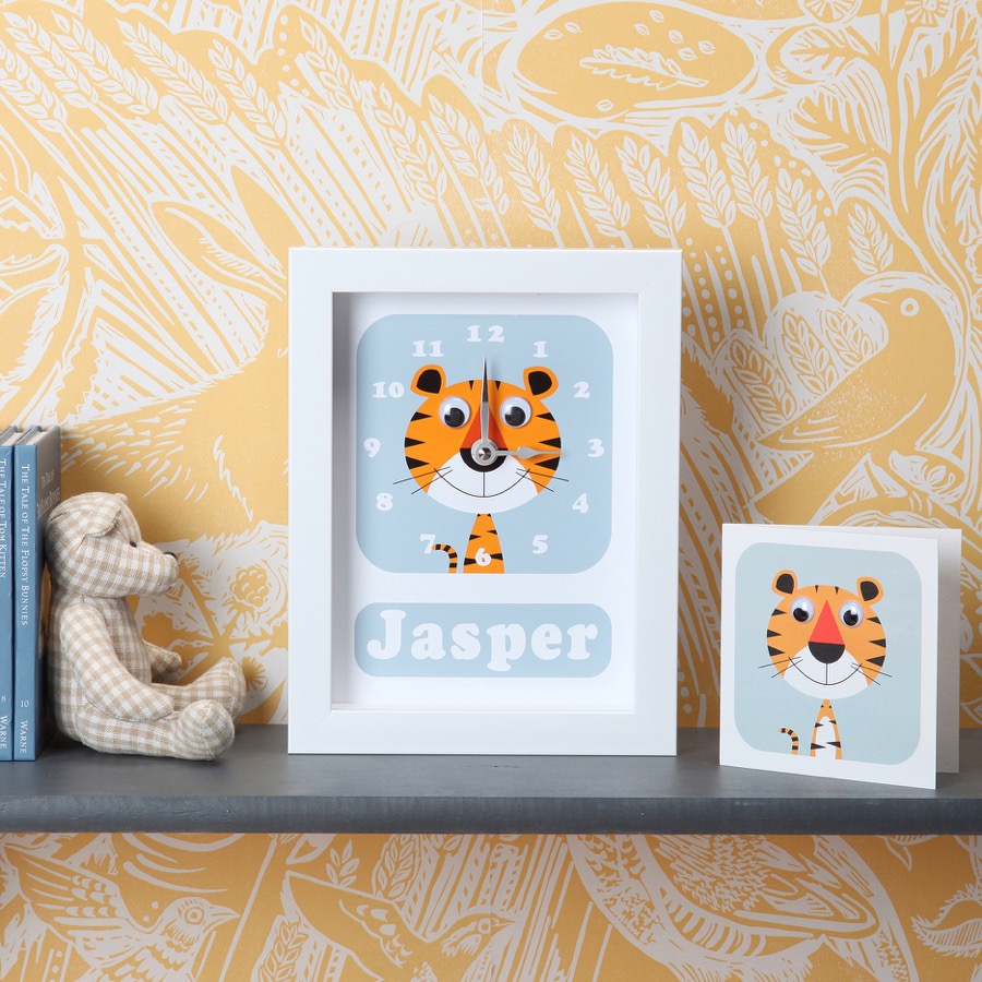 tiger clock and card with personalised name and googly eyes