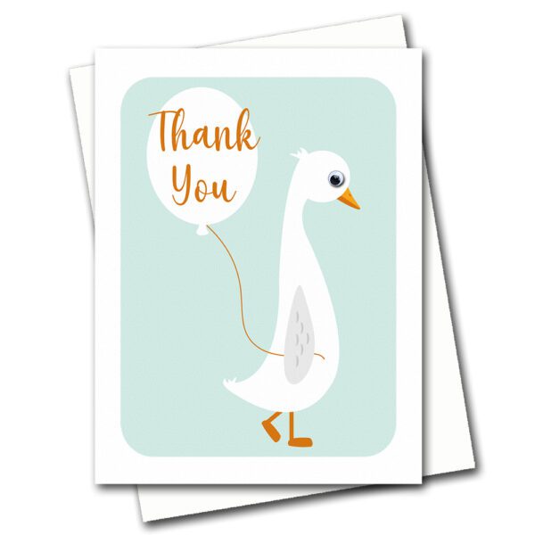 thank you card with runner duck holding a balloon