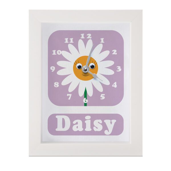 daisy flower nursery clock on a lilac background framed in a white frame