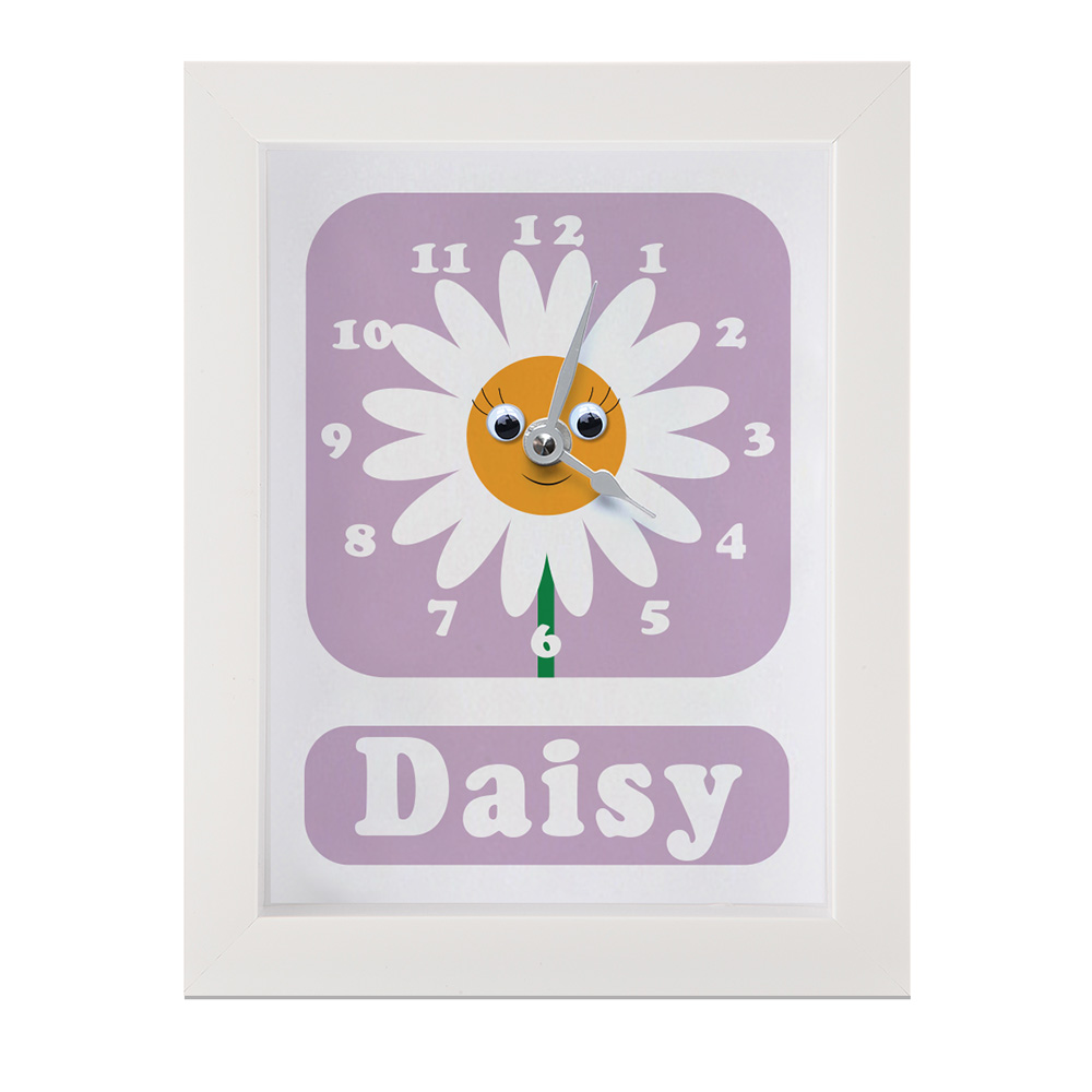 daisy flower nursery clock on a lilac background framed in a white frame