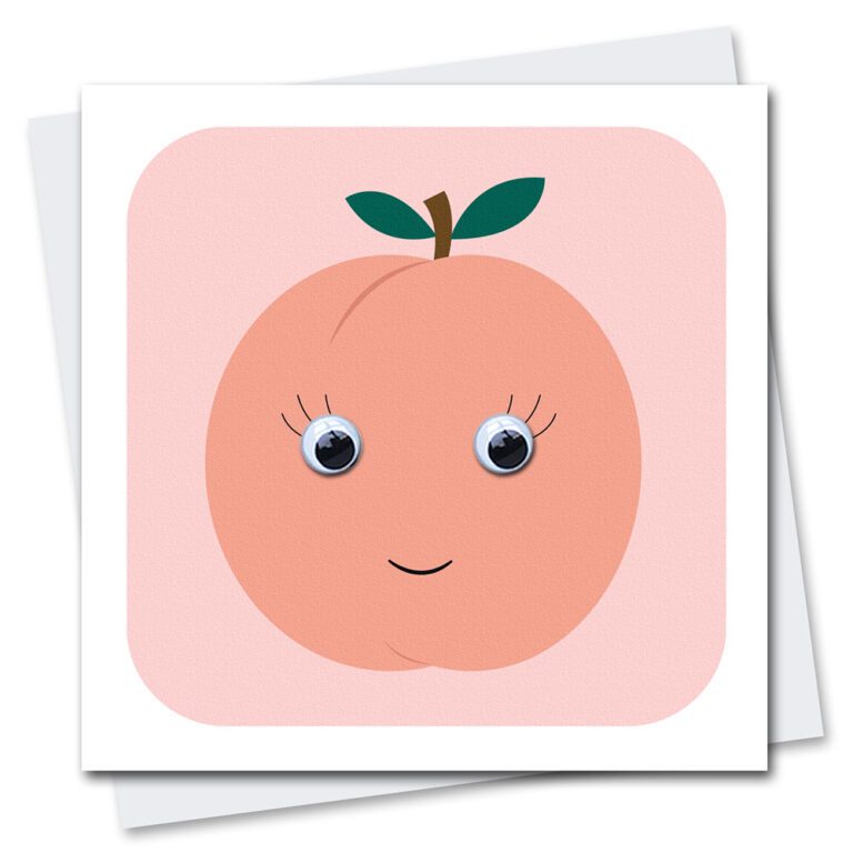 Adorable Children's birthday card featuring a Peach with googly eyes