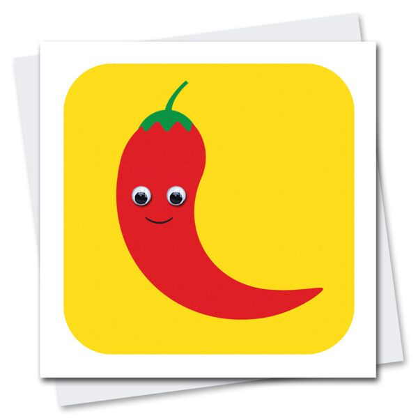 red chilli on a yellow background birthday card with googly eyes for children