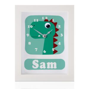 Personalised dinosaur clock with googly eyes