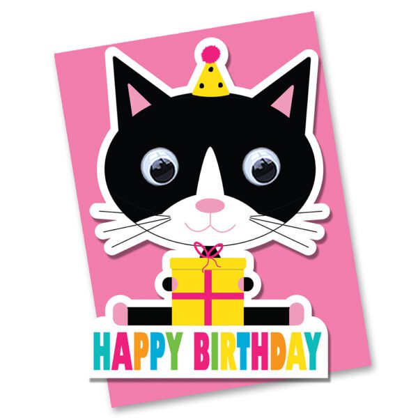 Black white cat birthday card with googly eyes